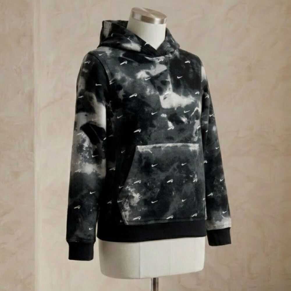 Nike Youth Boys Pullover Hoodie Sweatshirt S Black Gray Allover Swoosh Tie Dye